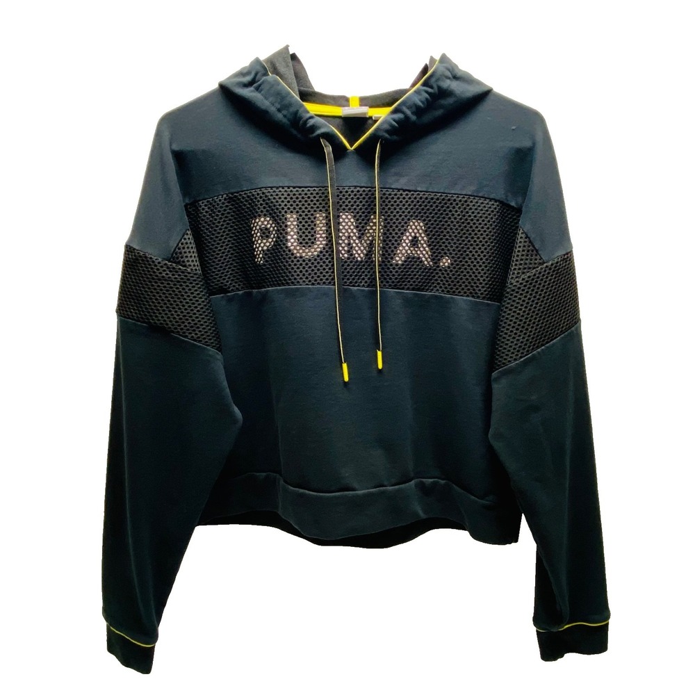 Puma Chase Hoodie Women's Medium Navy Yellow‎ Pullover Stretch Activewear GUC